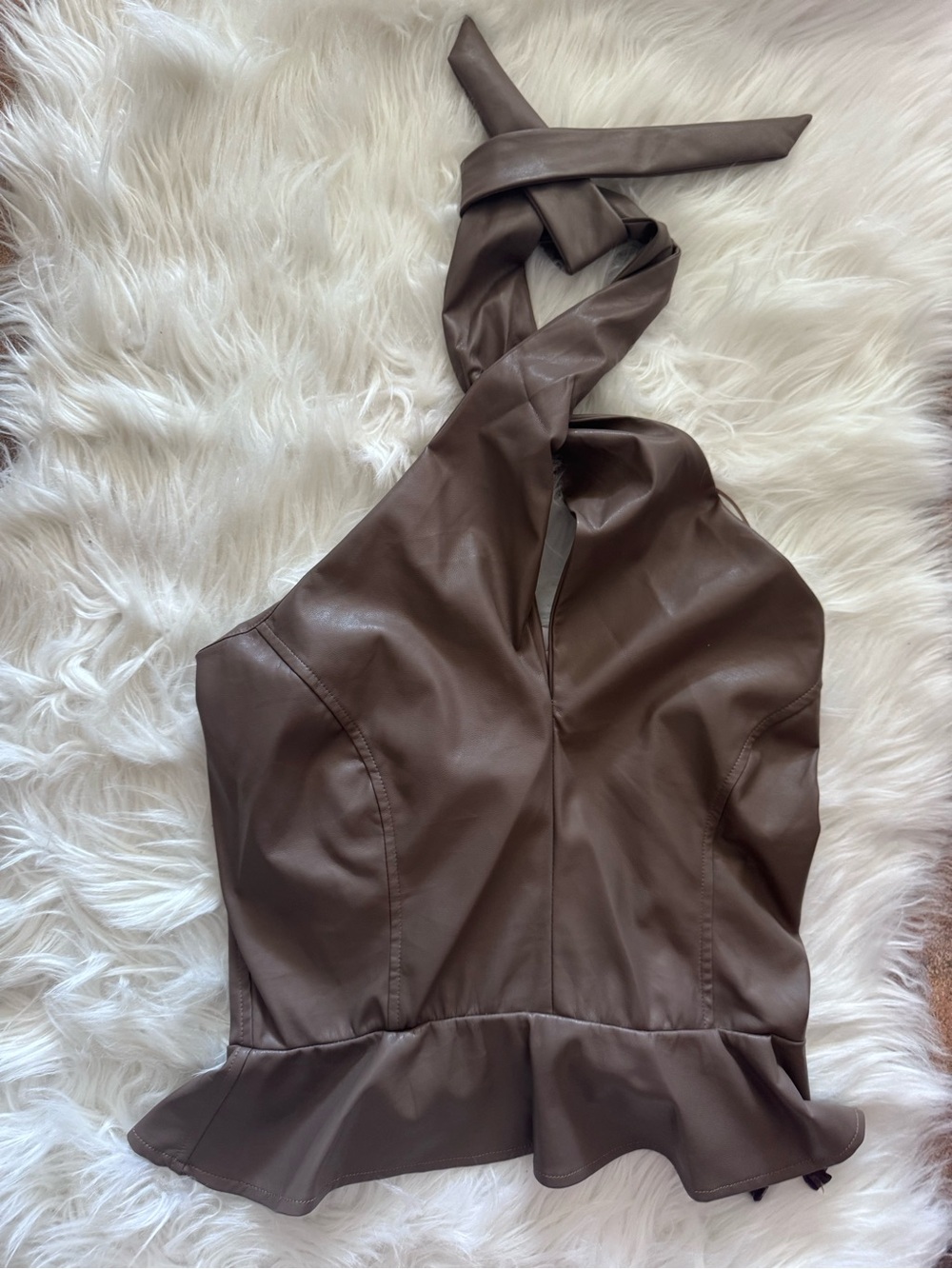 Brown Faux Leather Halter Peplum Camisole